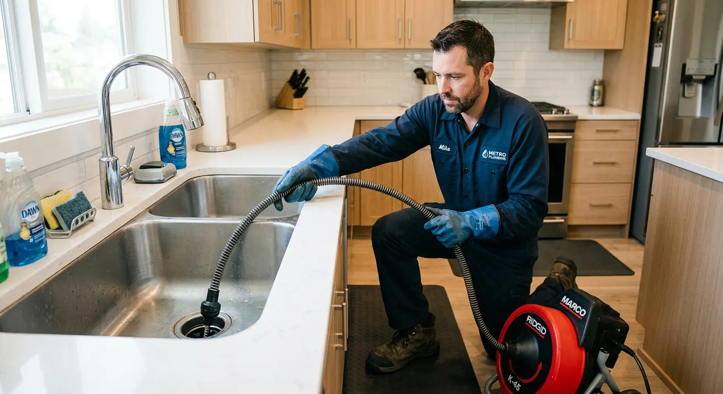 Drain cleaning technician using a motorized snake on a kitchen sink in Santa Rosa