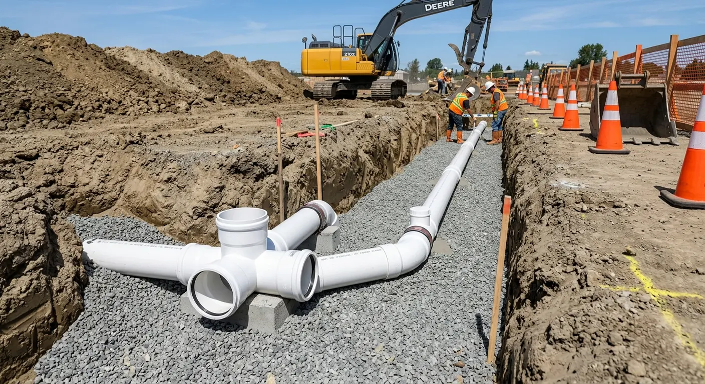 New PVC sewer pipe installation in open trench for Sewer Backup in Santa Rosa